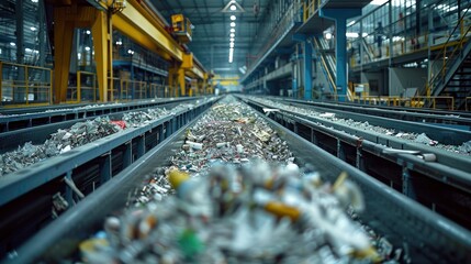 Fototapeta premium An assembly line in a zero-waste factory where every component and material is meticulously recycled or repurposed, showcasing a circular economy approach.