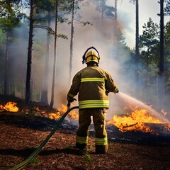 Naklejka premium A firefighter extinguishes a fire with a powder extinguisher.