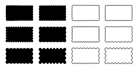 Set of rectangular shapes and frames with wavy edges. Rectangles with scalloped borders. Picture or photo frameworks, empty text boxes or tags isolated on white background. Vector graphic illustration