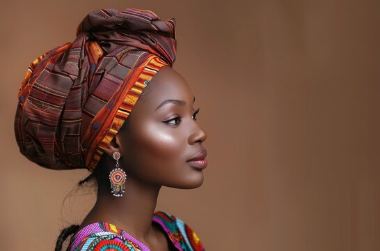 African Woman Wearing Colorful Head Wrap and Earrings