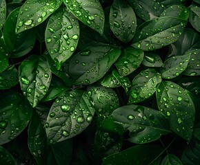 Fototapeta premium Close up of raindrops on vibrant green leaves, illustrating beauty of water in refreshing nature.