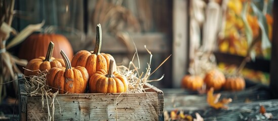 Vintage wooden box and straw holding pumpkins and corn create a rustic autumn setting. Organic vegetables for fall celebrations like Thanksgiving or Halloween. Toned mock-up with copy space image.