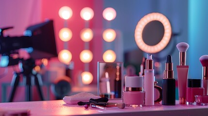A professional camera capturing beauty products arranged in a balanced composition under bright lights