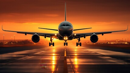 Obraz premium Airplane taking off, runway lights, vibrant sunset, powerful engines, travel excitement, mid-shot, high detail