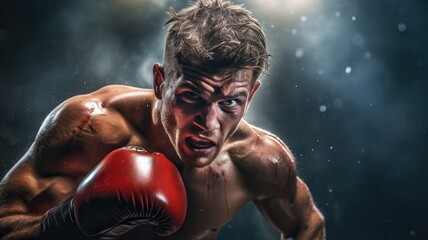 Boxer throwing punch, intense expression, boxing ring, dramatic lighting, powerful impact, close-up shot, high detail