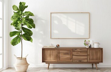 Light home interior room with plant and empty white mockup frame, perfect for advertisement. Minimalistic and simple lifestyle concept.