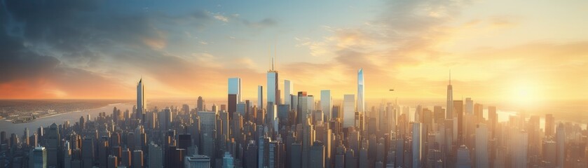 Fototapeta premium Financial district at sunrise, tall glass buildings, busy streets, rush hour, aerial view, economic hub, high detail, vibrant energy