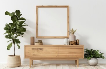 Light home interior room with plant and empty white mockup frame, perfect for advertisement. Minimalistic and simple lifestyle concept.