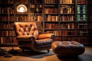 Home library, floor-to-ceiling bookshelves, comfy armchair, soft lighting, intellectual vibe, close-up shot, high detail
