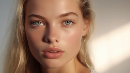 Fototapeta premium Minimalist beauty, dewy skin, simple makeup, clean background, bright lighting, fresh look, close-up shot, high detail