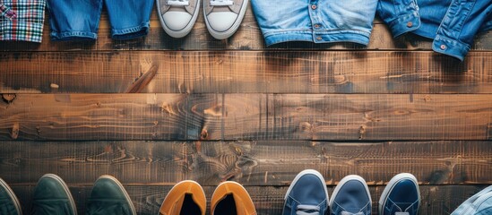 Men's clothing and shoes displayed on a wooden background, viewed from the top with ample copy space image available.