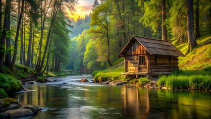 Fototapeta premium Hut in the forest on the river bank