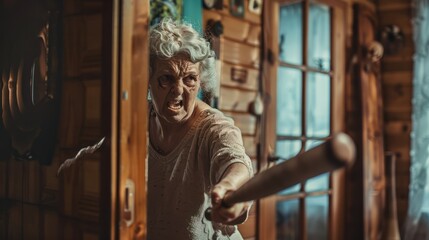 Naklejka premium An elderly woman runs out of the house with a baseball bat looking angry and threatening. Crazy, aggressive and violent neighbor. Strong fight with the evil neighbor or the drunk or unfaithful husband