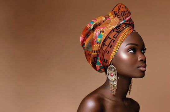 African Woman Wearing Colorful Head Wrap and Earrings