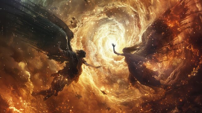 Angel and demon locked in an eternal dance around a dying star battling for its fate