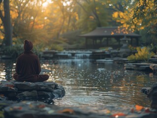 Finding Inner Peace: Person Engaged in Deep Breathing Exercises Surrounded by Serenity and Detailed Nature