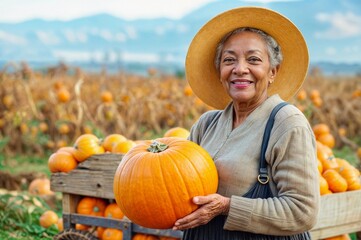 Elderly woman with pumpkin. Autumn senior farmer. Black adult on fall field background. Pumpkin picking garden. Farming for Halloween and Thanksgiving. Countryside of farm with vegetables for festival