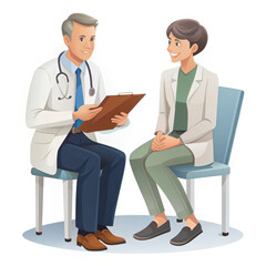Fototapeta premium illustration doctor talking to a patient on a white background, drawing, cartoon style, medicine, hospital, clinic, science, treatment, disease, examination, therapist, stethoscope, white coat, people