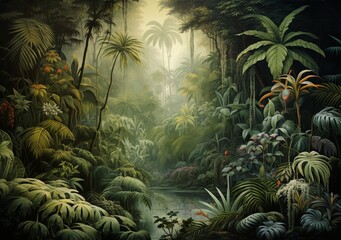 Fototapeta premium Watercolor pattern wallpaper. Painting of a tropical green jungle and rainforest landscape.