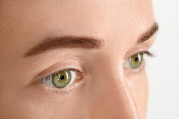Woman with beautiful green eyes on light grey background, closeup