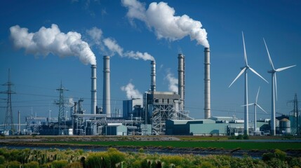 Wind turbines towering over a modern manufacturing plant, symbolizing the integration of renewable energy sources into industrial processes to achieve sustainable production goals.