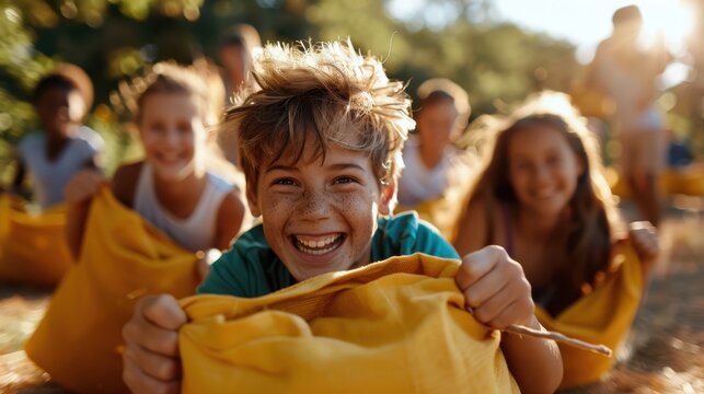 A freckled boy smiles brightly as he enjoys a sack race with friends on a sunny day, highlighting the essence of joyful and carefree childhood outdoor activities.