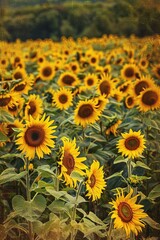 Obraz premium Oil painting texture of vibrant sunflower field, capturing rich colors stunning beauty.