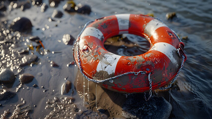 realistic high-resolution photo of life buoy, with detailed background