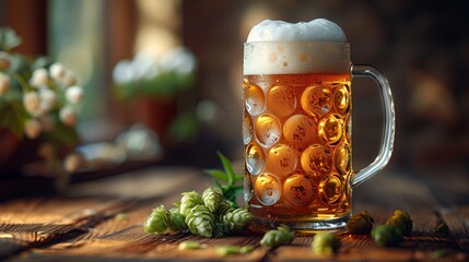 Full mug of beer and hop cones