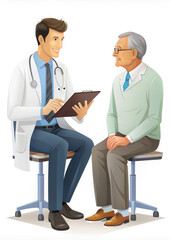 Fototapeta premium illustration doctor talking to a patient on a white background, drawing, cartoon style, medicine, hospital, clinic, science, treatment, disease, examination, therapist, stethoscope, white coat, people