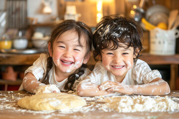 Two Oriental twin brother and sister smiling, covered in flour, as they make biscuit dough