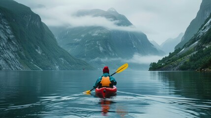 Traveler kayaking in a scenic mountain lake