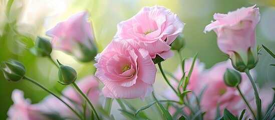 Fototapeta premium Full bloom pink eustoma flower with green foliage, suitable for a copy space image.