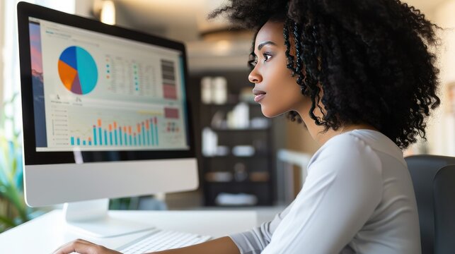 Woman reviewing sales data on a computer, online business