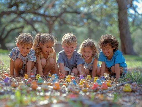 Nostalgic Fun: Kids Playing with Tamagotchis and Pogs in a Vibrant Park Setting