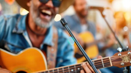 Fototapeta premium Close-up of musicians wearing denim playing acoustic guitars, captured with excellent detail on the instruments and performers, creating a lively musical scene.