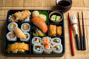 Japanese bento box with assorted sushi and tempura.Japanese bento box with assorted sushi and tempura.