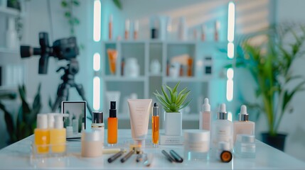 A camera focused on beauty products arranged symmetrically in a bright, modern studio
