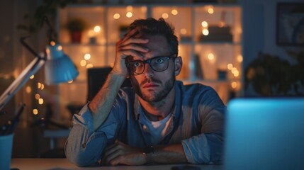 Fototapeta premium person working late into the night, with dark circles under his eyes and a stressed expression in a home office generative ai