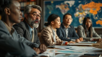 diverse team of international lawyers and business professionals in a conference room, discussing legal compliance issues across different regions, with maps and legal documents on the table