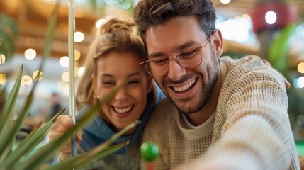A couple shares a joyful moment in a cozy cafe setting, deeply engaged with each other, reflecting warmth, affection, and the simple pleasure of each other's company.