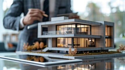 Real estate agent demonstrating a property layout using a graphic tablet, while a scale model of the house sits on the desk