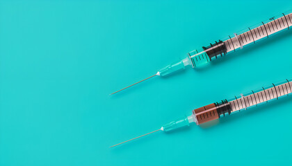 Injection cosmetology. Two medical syringes on turquoise background, top view