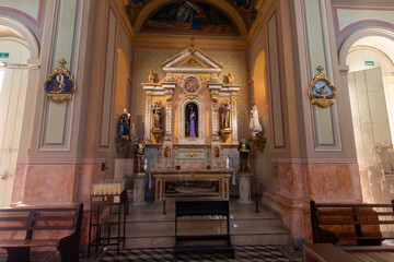 Esculturas na lateral - SÃO PAULO, SP, BRAZIL - JUNE 01, 2024: Beautiful sacred art sculptures from the Nossa Senhora da Expectação do Ó Church, with emphasis on Our Lady of Sorrows in the center.