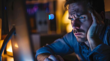 Obraz premium person working late into the night, with dark circles under his eyes and a stressed expression in a home office generative ai