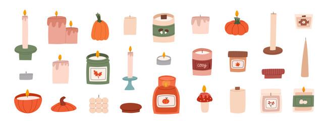 Cozy autumn scented candles set. Collection of various aromatic candles .Hand drawn hygge candlelights. Aromatherapy and relaxation. Flat vector illustration.