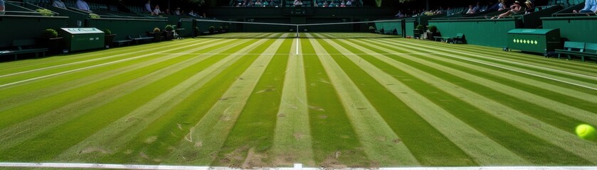 Obraz premium A tennis court with a crowd of people watching. The court is green and white