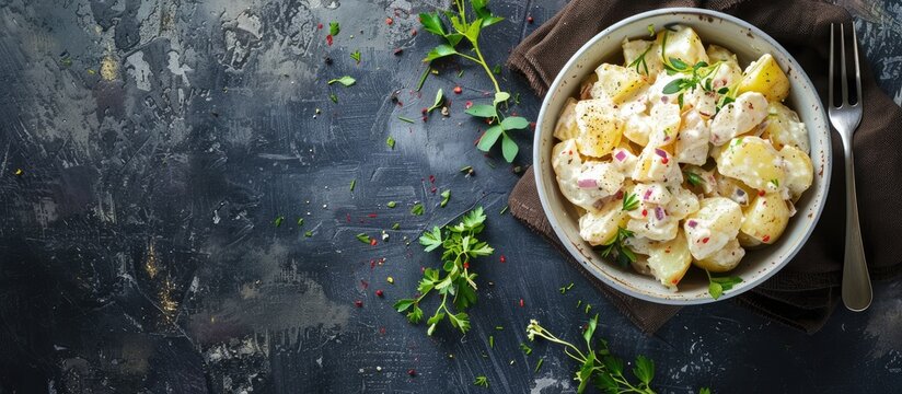 Top view of a homemade summer potato salad in a bowl with a flat lay perspective, overhead image providing copy space.