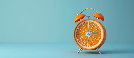 Summer-themed jingle alarm clock with an orange motif against a light blue backdrop, perfect for a copy space image.