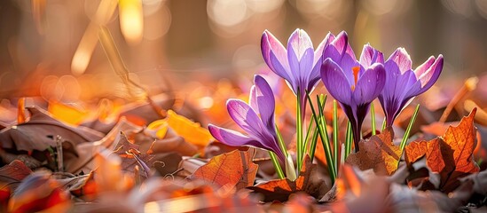 Purple Crocus flowers basking in the morning sun against a backdrop of brown leaves, captured in a close-up above view with copy space image.
